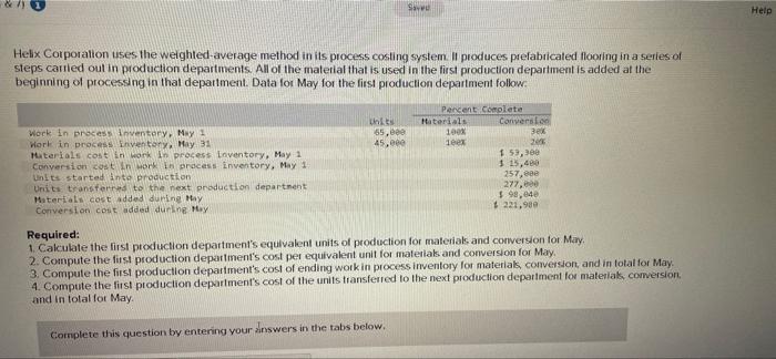 Saved Helix Corporation uses the weighted-average method in its process costing system.