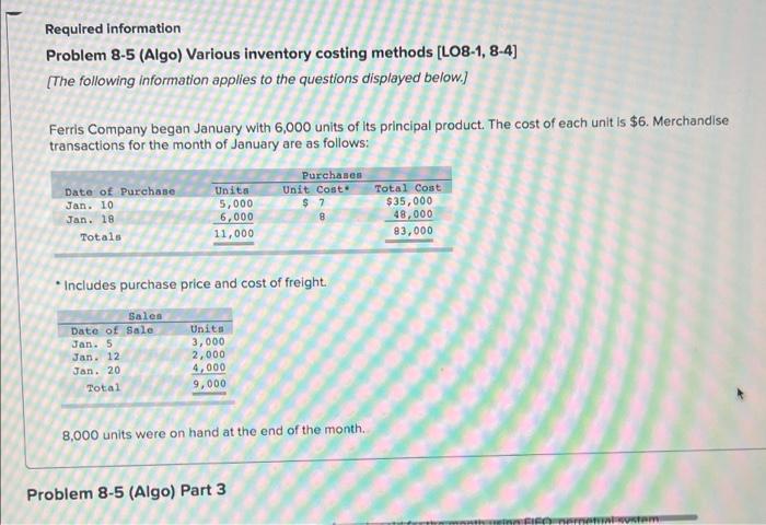 Required Information Problem 8-5 (Algo) Various inventory costing methods [LO8-1, 8-4] [The