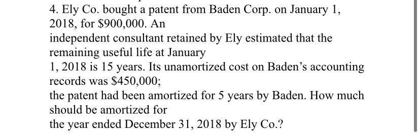 4. Ely Co. bought a patent from Baden Corp. on January 1,