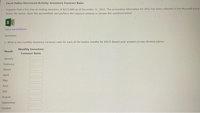 Excel Online Structured Activity: Inventory Turnover Ratio Suppose that a firm has