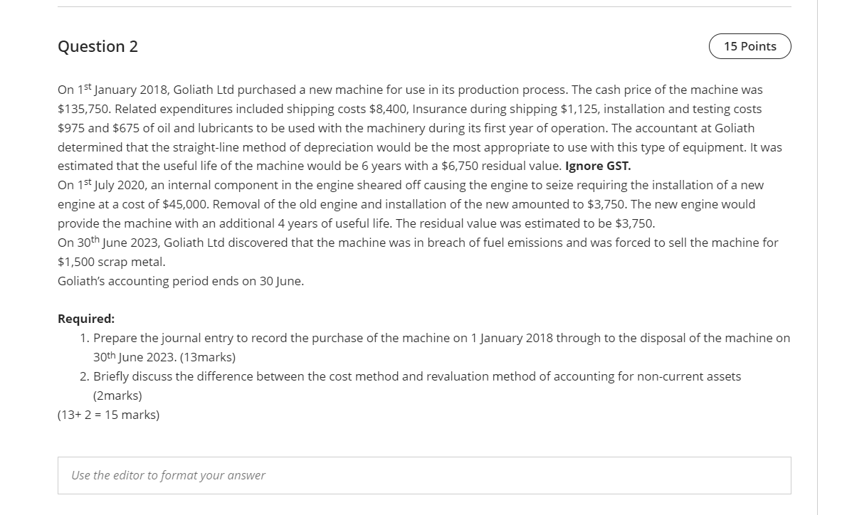 Question 2 15 Points On 1st January 2018, Goliath Ltd purchased a