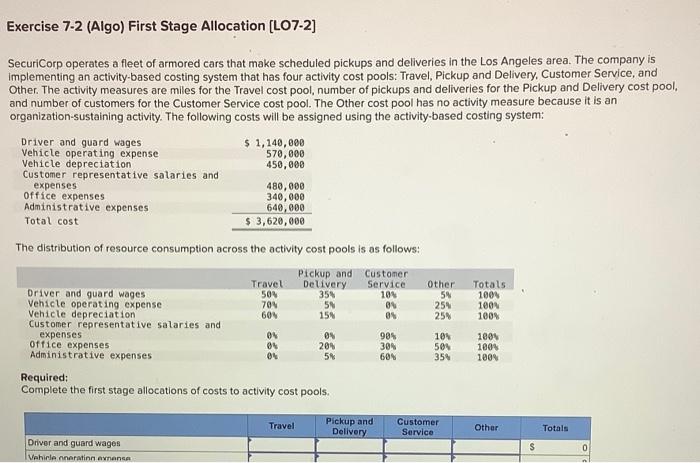 Exercise 7-2 (Algo) First Stage Allocation [LO7-2] SecuriCorp operates a fleet of