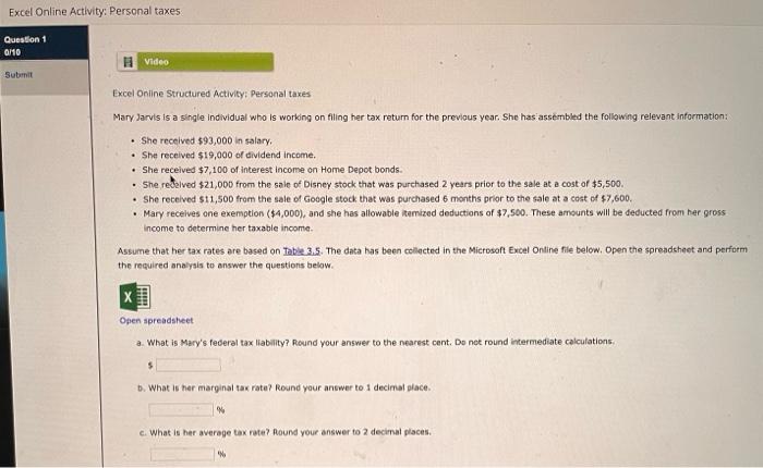 Excel Online Activity: Personal taxes Question 1 0/10 Submit Video Excel Online