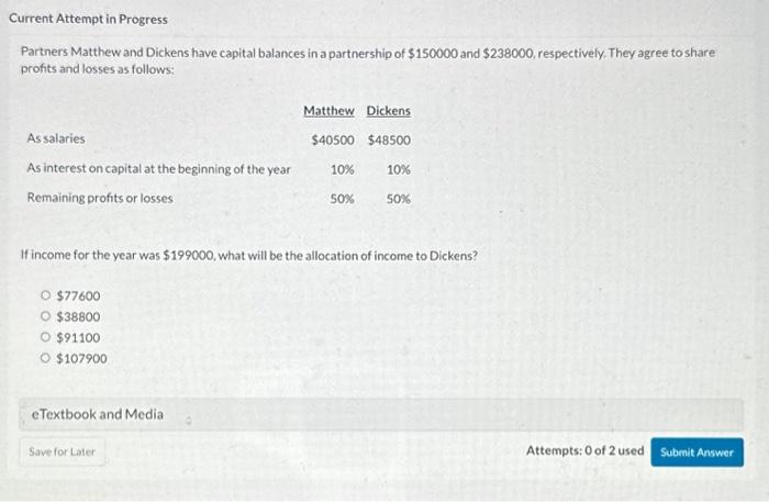 Current Attempt in Progress Partners Matthew and Dickens have capital balances in