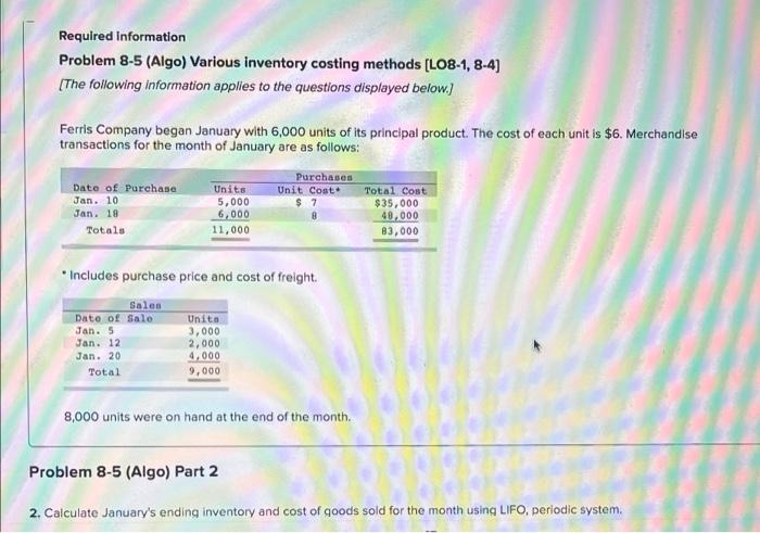 Required Information Problem 8-5 (Algo) Various inventory costing methods [LO8-1, 8-4] [The