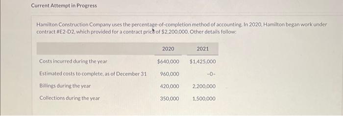 Current Attempt in Progress Hamilton Construction Company uses the percentage-of-completion method of