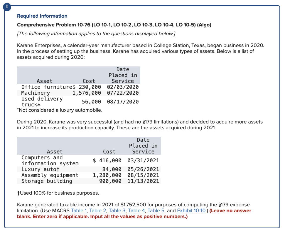 Required information Comprehensive Problem 10-76 (LO 10-1, LO 10-2, LO 10-3, LO