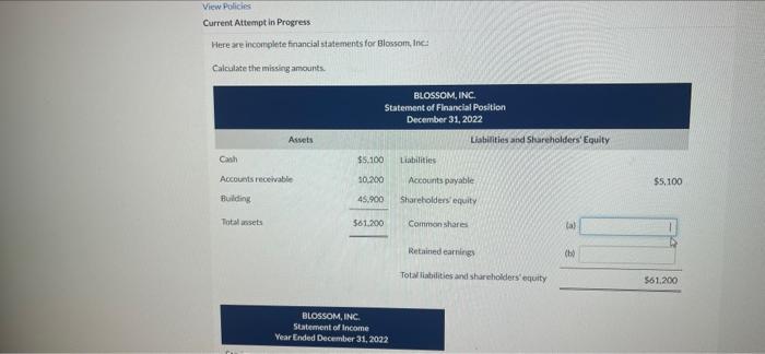 View Policies Current Attempt in Progress Here are incomplete financial statements for