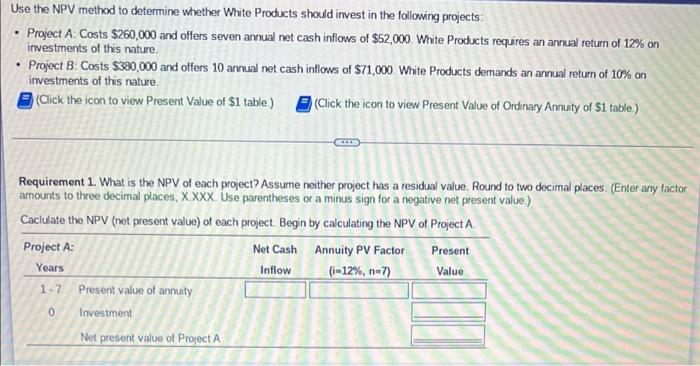 Use the NPV method to determine whether White Products should invest in