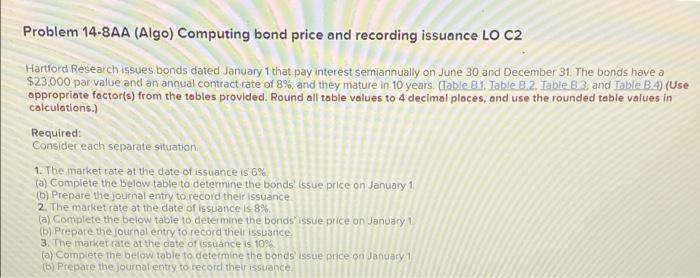 Problem 14-8AA (Algo) Computing bond price and recording issuance LO C2 Hartford