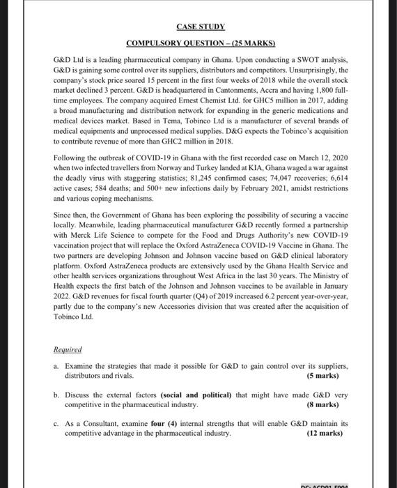 CASE STUDY COMPULSORY QUESTION - (25 MARKS) G&D Ltd is a leading