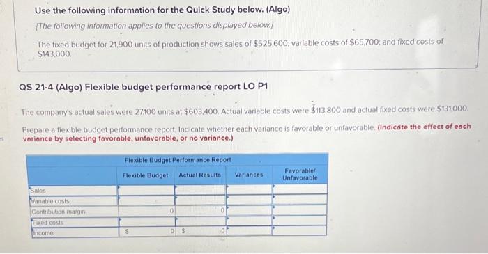Use the following information for the Quick Study below. (Algo) [The following