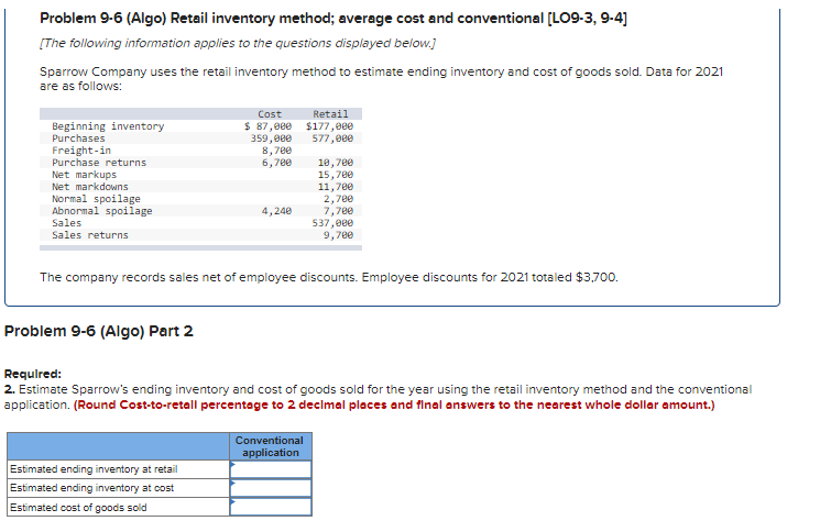 Problem 9-6 (Algo) Retail inventory method; average cost and conventional [LO9-3, 9-4]