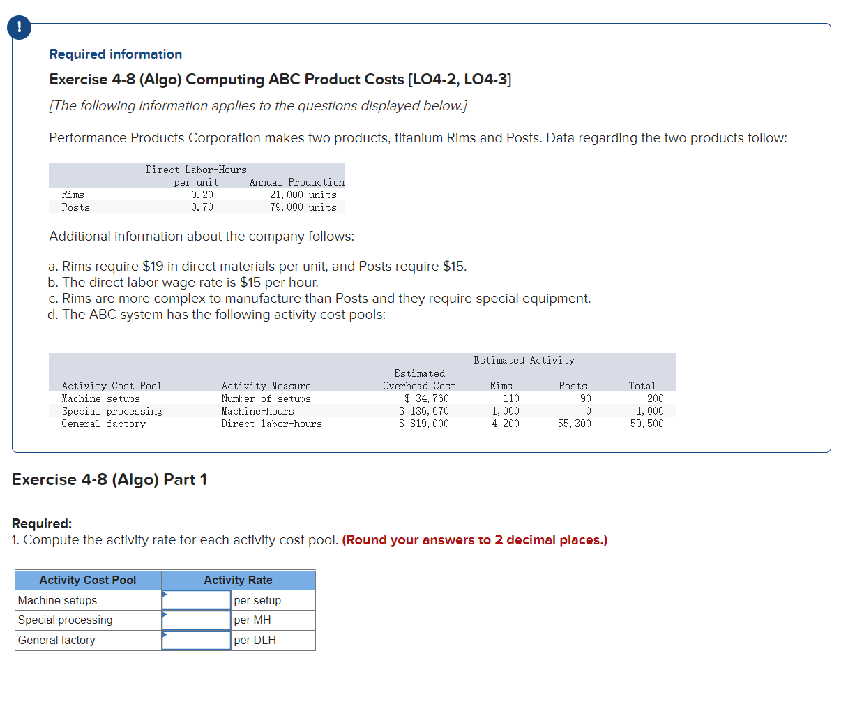 i Required information Exercise 4-8 (Algo) Computing ABC Product Costs [LO4-2, LO4-3]
