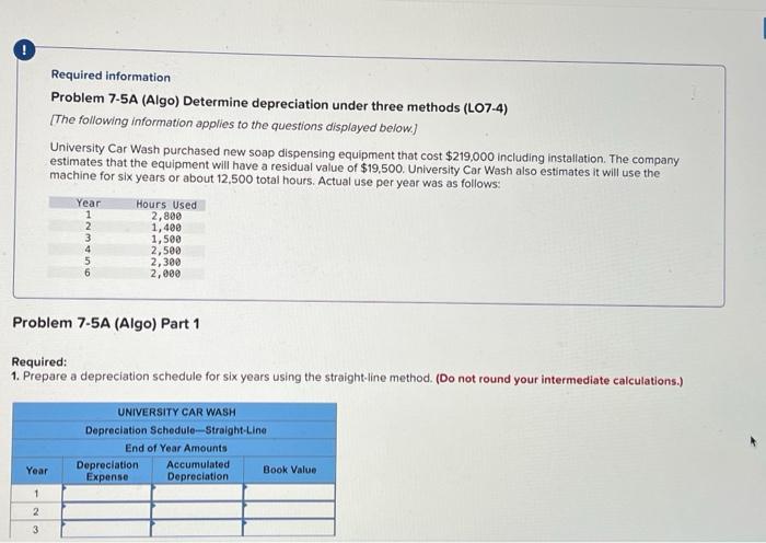 Required information Problem 7-5A (Algo) Determine depreciation under three methods (LO7-4) [The