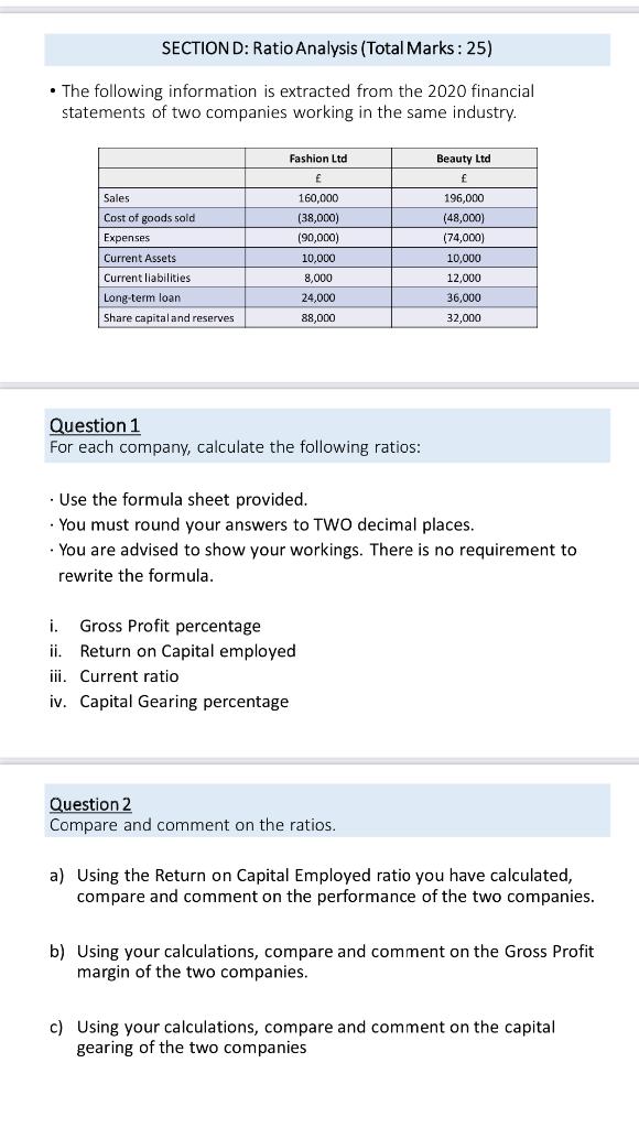 SECTION D: Ratio Analysis (Total Marks: 25) The following information is extracted
