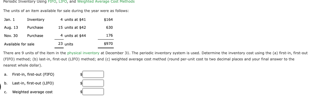 Periodic Inventory Using FIFO, LIFO, and Weighted Average Cost Methods The units