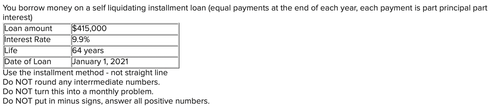 You borrow money on a self liquidating installment loan (equal payments at