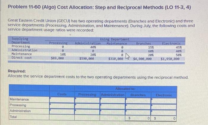 Problem 11-60 (Algo) Cost Allocation: Step and Reciprocal Methods (LO 11-3, 4)