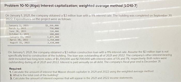 Problem 10-10 (Algo) Interest capitalization; weighted-average method [LO10-7] On January 1, 2021,