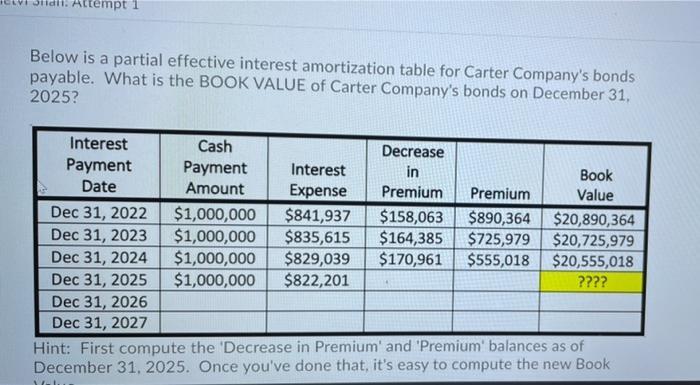 Attempt 1 Below is a partial effective interest amortization table for Carter