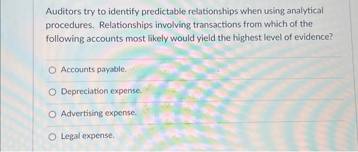 Auditors try to identify predictable relationships when using analytical procedures. Relationships involving