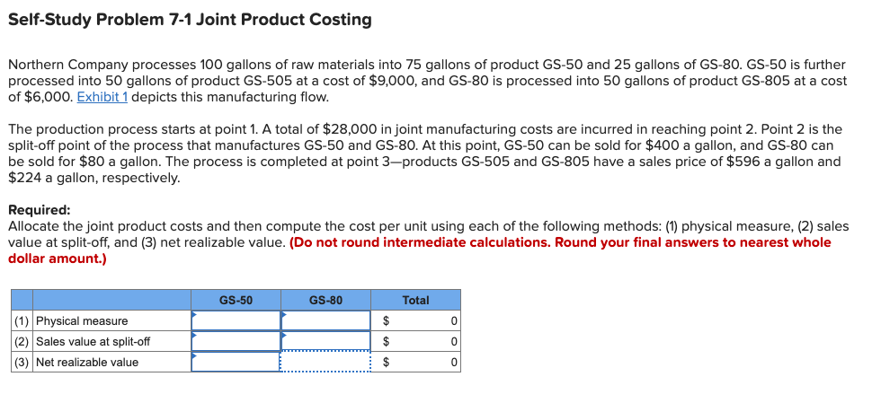 Self-Study Problem 7-1 Joint Product Costing Northern Company processes 100 gallons of