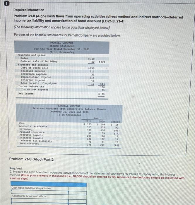 Required information Problem 21-8 (Algo) Cash flows from operating activities (direct method