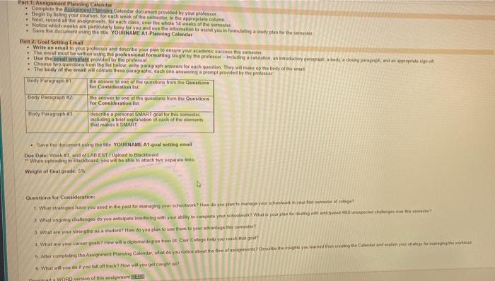 Part 1: Assignment Planning Calendar Complete the Assignment Planning Calendar document provided