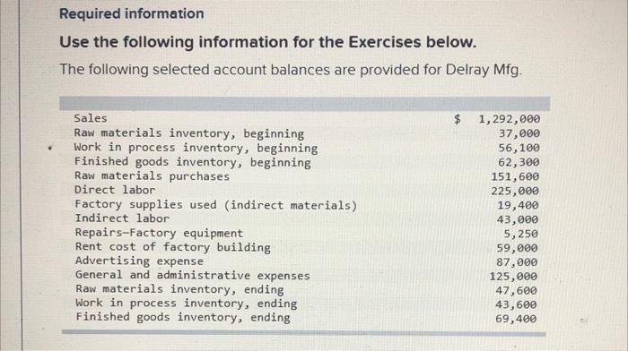 Required information Use the following information for the Exercises below. The following