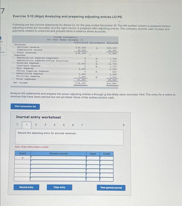 7 Exercise 3-12 (Algo) Analyzing and preparing adjusting entries LO PS Following