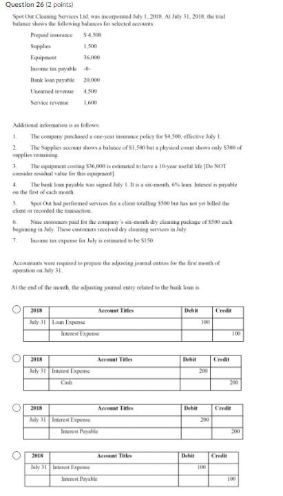 Question 26 (2 points) Spot Out Cleaning Services Ltd, was incorporated July