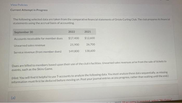 View Policies Current Attempt in Progress The following selected data are taken
