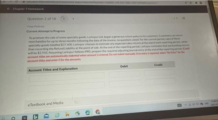 education wiley.com Chapter 7 Homework Question 2 of 10 View Policies ct-1744306-421-2-211