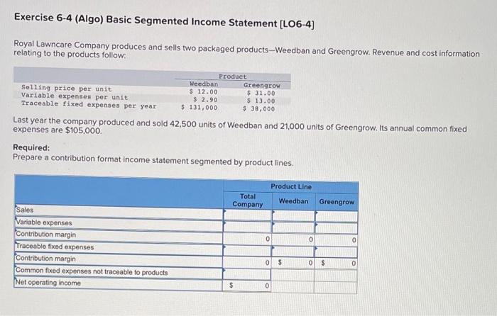 Exercise 6-4 (Algo) Basic Segmented Income Statement [LO6-4] Royal Lawncare Company produces