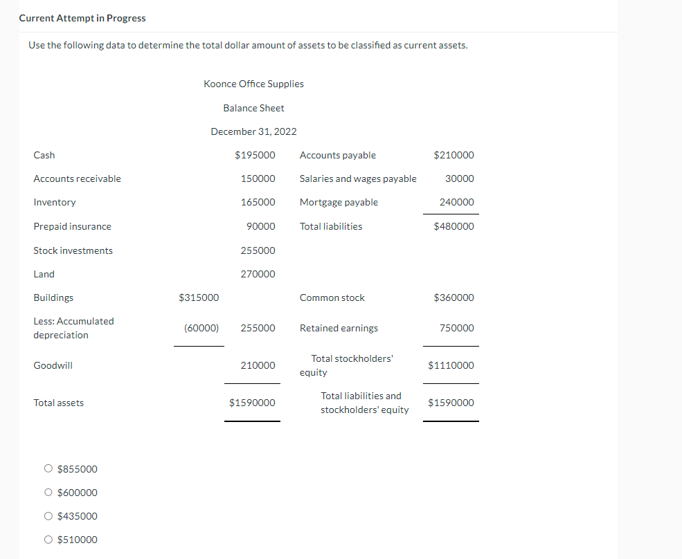 Current Attempt in Progress Use the following data to determine the total