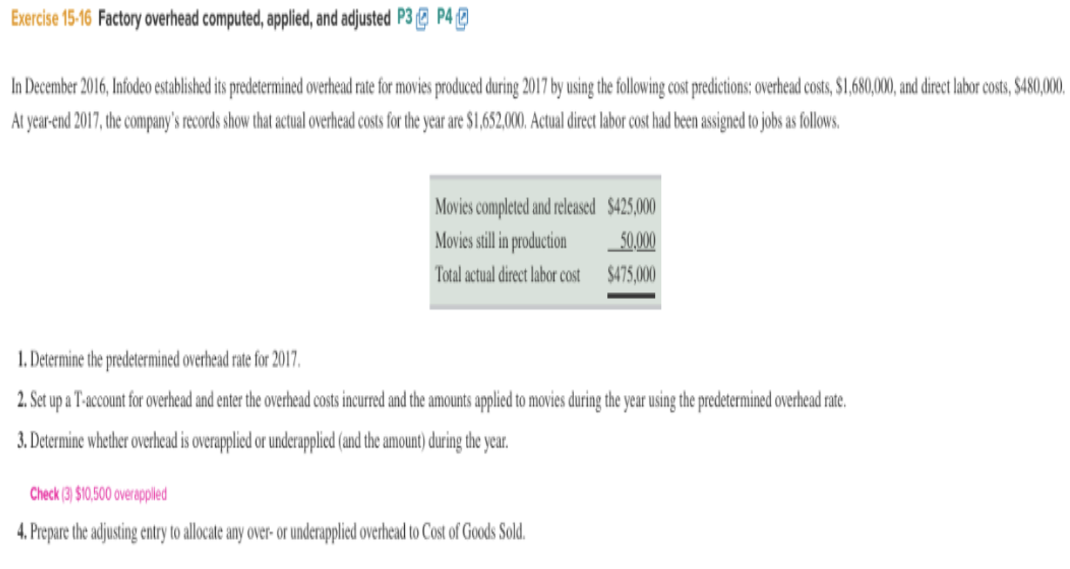 Exercise 15-16 Factory overhead computed, applied, and adjusted P3 P4 In December