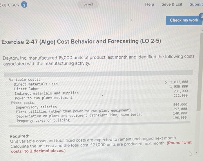 Exercises Saved Help Save & Exit Submit Check my work Exercise 2-47