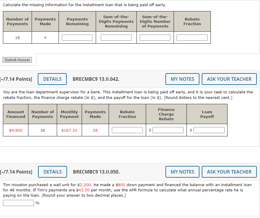 Calculate the missing information for the installment loan that is being paid