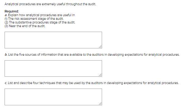 Analytical procedures are extremely useful throughout the audit. Required: a. Explain how