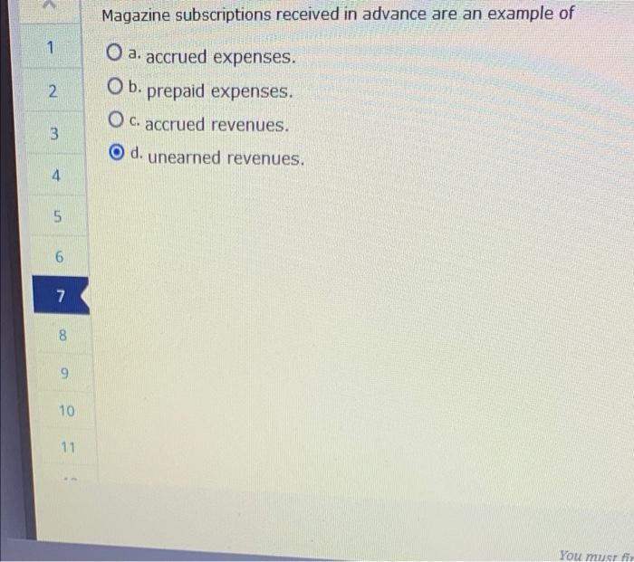 < 1 Magazine subscriptions received in advance are an example of O