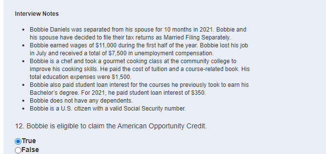 Interview Notes Bobbie Daniels was separated from his spouse for 10 months