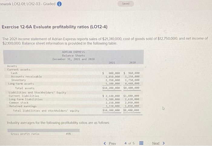 mework LO12-01; LO12-03 - Graded Saved Exercise 12-6A Evaluate profitability ratios (LO12-4)