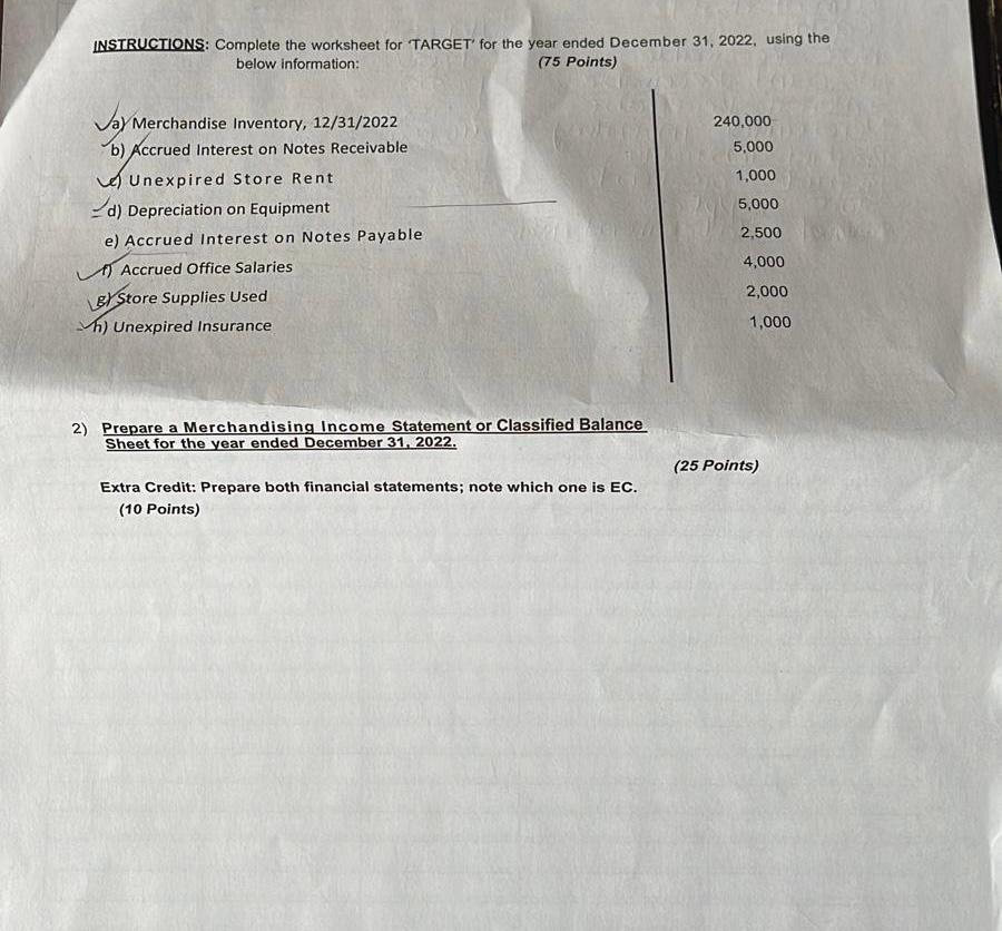 INSTRUCTIONS: Complete the worksheet for TARGET' for the year ended December 31,