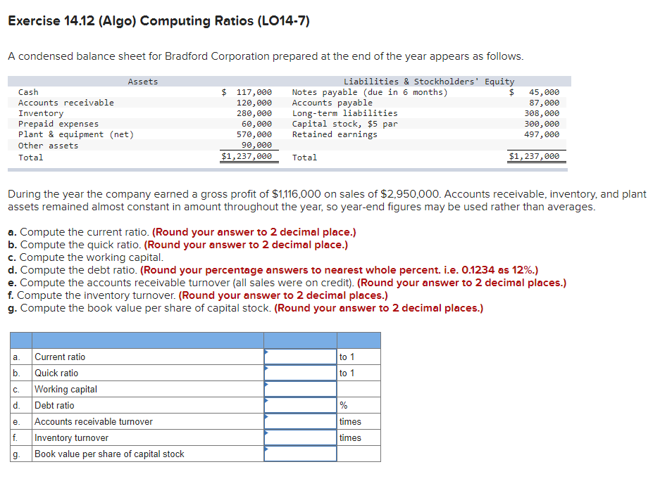 Exercise 14.12 (Algo) Computing Ratios (LO14-7) A condensed balance sheet for Bradford