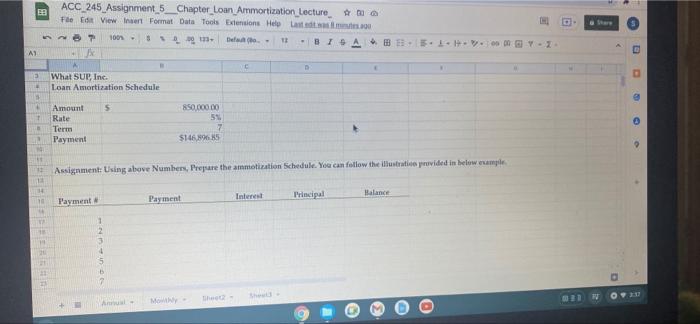 A1 ACC 245 Assignment 5 Chapter_Loan_Ammortization Lecture File Edit View Insert Format