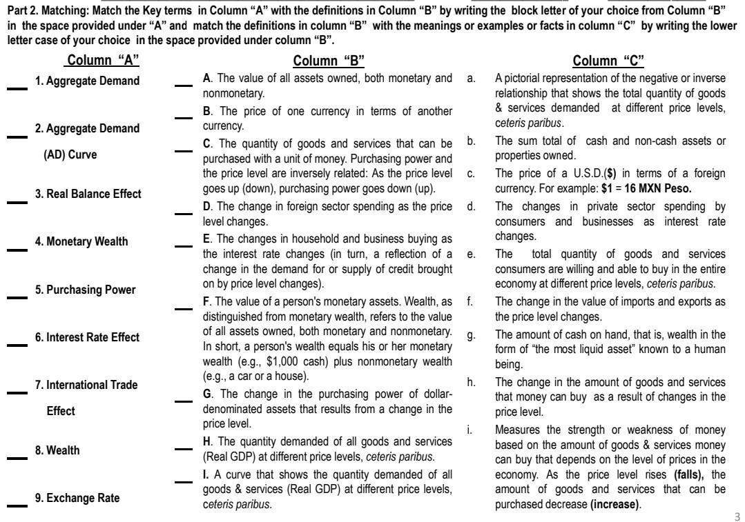 Part 2. Matching: Match the Key terms in Column "A" with the