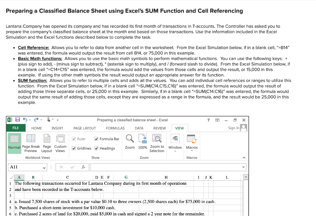 Preparing a Classified Balance Sheet using Excel's SUM Function and Cell Referencing
