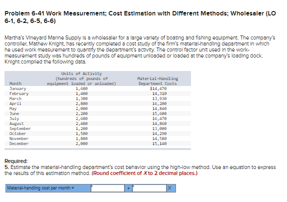 Problem 6-41 Work Measurement; Cost Estimation with Different Methods; Wholesaler (LO 6-1,