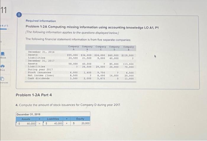 11 4 of 5 Required information Problem 1-2A Computing missing information using